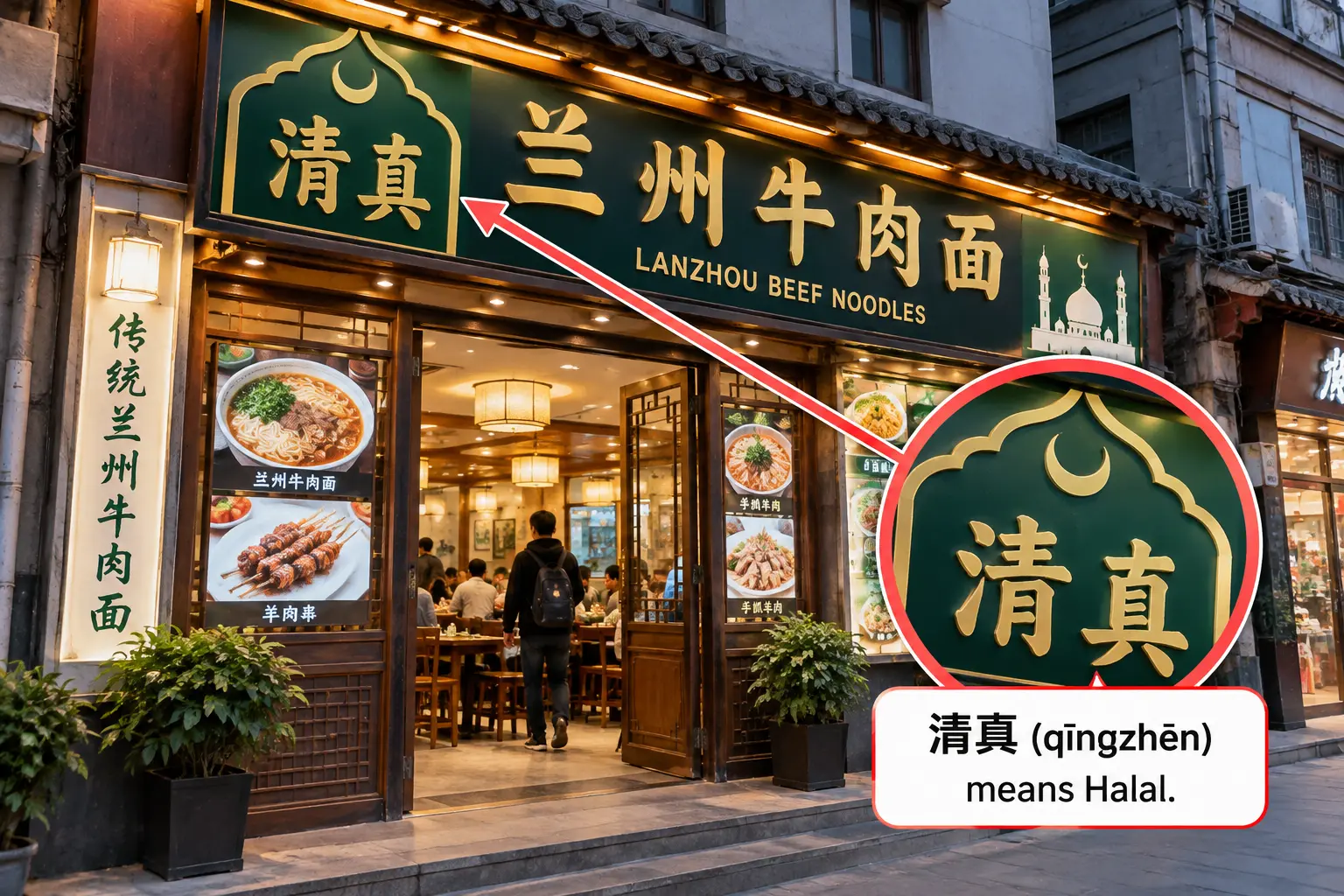 Chinese halal restaurant sign showing the characters 清真, meaning halal