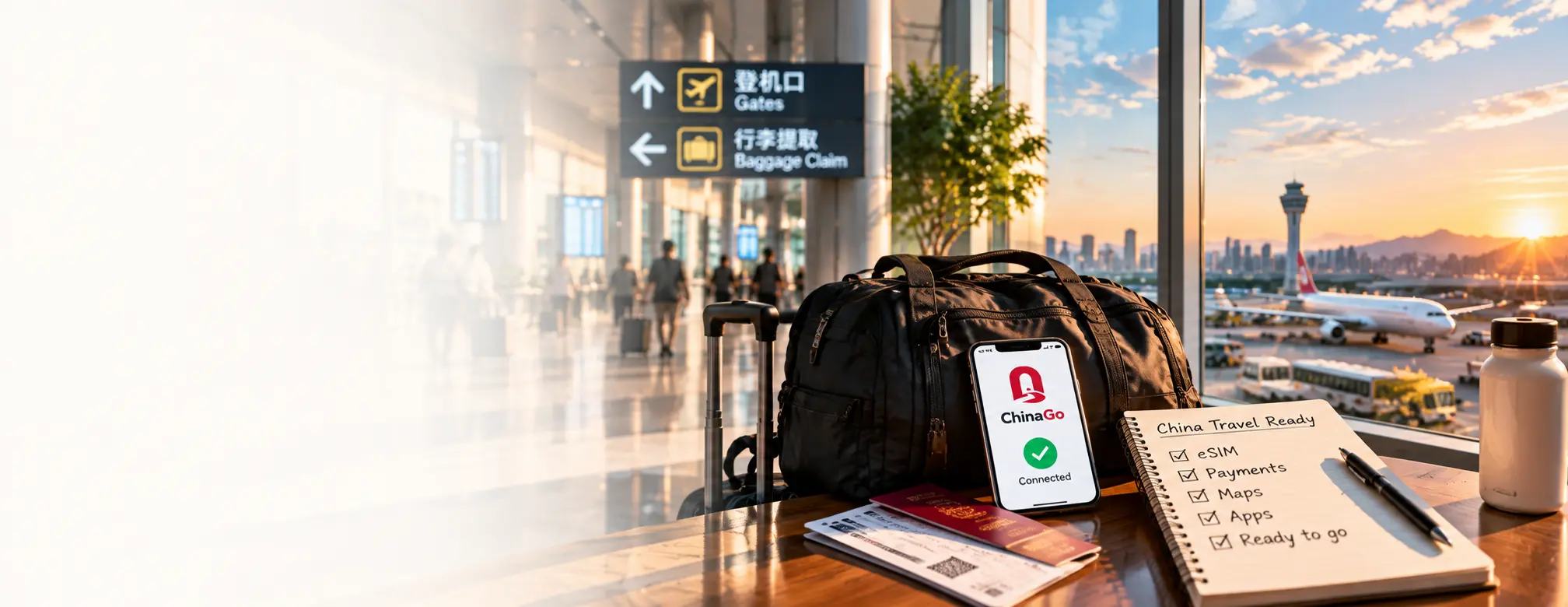 Traveler using a phone before a China trip